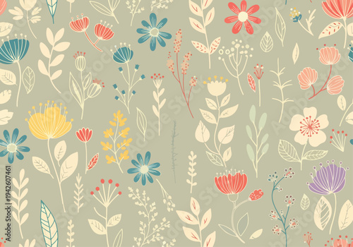 Minimalist botanical illustration featuring scattered spring flowers in muted earthy tones seamless pattern
