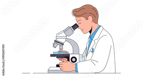 Man in lab coat microscope.