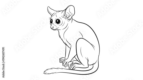 Elegant sketch: A simple and graceful line drawing of an elegant galago sits poised. The piece focuses on the subtle contours of its form.