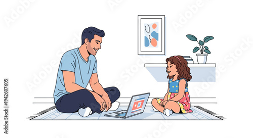 Father and child sitting on floor using laptop together at home
