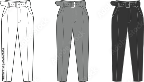 Stylish pleated tapered pants technical drawing, a versatile fashion illustration for men and women, featuring a paper bag waist and buckle belt.
