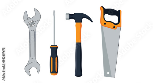 Four essential hand tools including a wrench, screwdriver, hammer, and hand saw arranged vertically for maintenance and repair tasks.