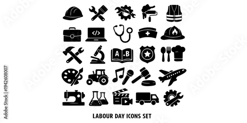 Labour Day Professions Black and White Line Art Doodle Icons Set. Hand-drawn Collection of Job Tools and Occupational Symbols
