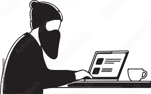 Cyber thief in balaclava working on laptop at desk vector illustration