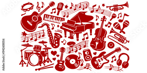Detailed monochrome doodle illustration of various musical instruments and music notes, featuring guitars, pianos, saxophones, violins, drums, and brass instruments. 