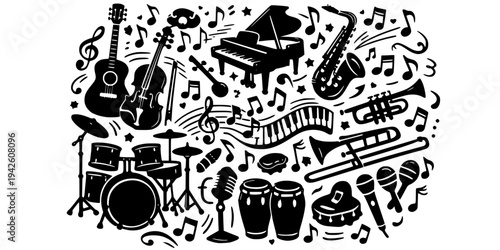 Detailed monochrome doodle illustration of various musical instruments and music notes, featuring guitars, pianos, saxophones, violins, drums, and brass instruments. 