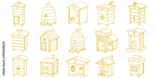 Collection of diverse cartoon outline beehives and bee houses, illustrating various styles for honey production and bee care.
