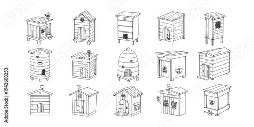 Collection of diverse cartoon outline beehives and bee houses, illustrating various styles for honey production and bee care.

