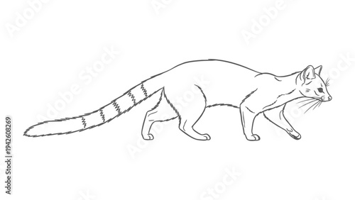 Linear Civet in Profile: A linear illustration of a civet in profile, its slender body and distinctive features captured in a clean and elegant outline.