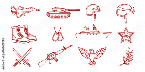 Black and white line art icons representing military equipment and symbols for Armed Forces Day
