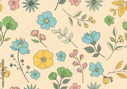 Soft colorful flowers with watercolor shading in repeating pattern