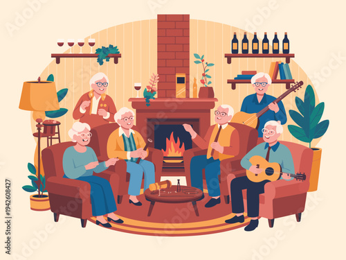Seniors play music around a warm.