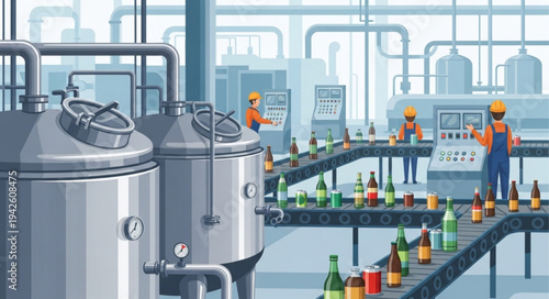 Bottling Plant Workers in Factory.