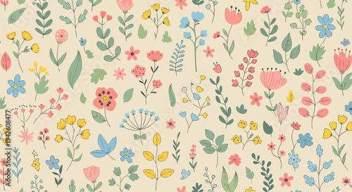 Romantic pastel floral design with scattered watercolor flowers