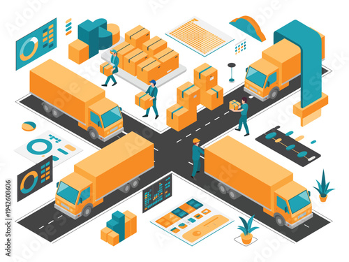 Logistics trucks move cargo in.