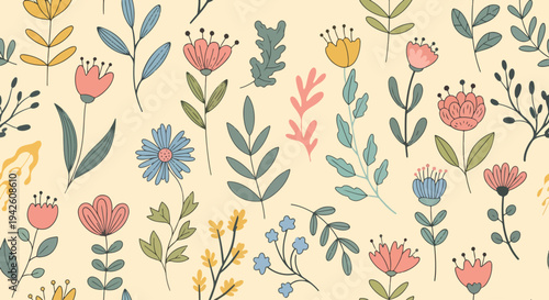 Seamless watercolor botanical design with whimsical spring flowers