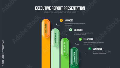 Corporate Planning Slideshow Design Vector Illustration. Consulting Overview Four Element Diagram Frame Layout. Market Development 4 Step Infographic Presentation Template.