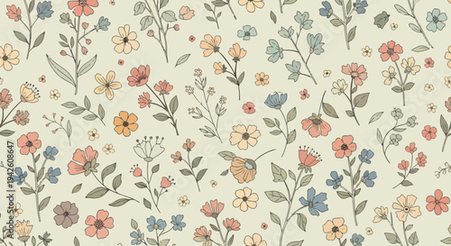 Seamless watercolor botanical design with whimsical spring flowers