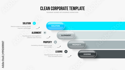 Sales Strategy 4 Step Infographic Slideshow Design. Consulting Overview Four Element Diagram Presentation Template. Visual Visualization Slide Layout Vector Illustration.