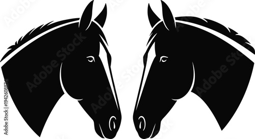 Horse head silhouette pair vector illustration, elegant equine animals facing each other, black stallion clipart isolated for logo, ranch branding, tattoo, and equestrian designPrint