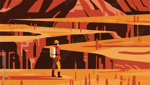 Illustration Of An Adventurer Standing On A Layered Plain Vector Design Template