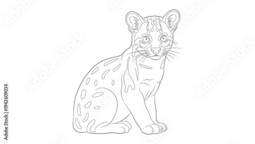 Cute leopard cub line art: A charming black and white line drawing of a small leopard cub. Capturing the innocence of a young wild animal.