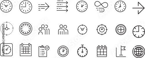 Collection of linear icons for time management scheduling and productivity