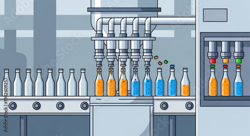 Bottling Machine Filling Bottles with Liquid.