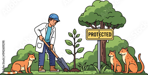 Man cleans park with dogs near protected tree and sign