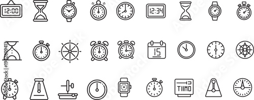 Time and clock line icons collection featuring various timekeeping devices