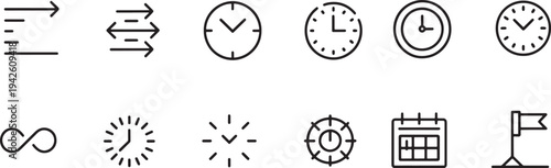 Timeline and duration indicators with stylized clock faces and progress arrows for visual design