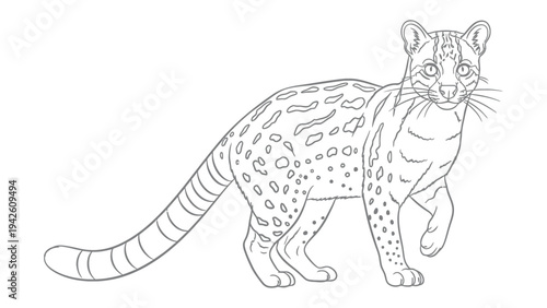 Ocelot Illustration: A detailed black and white illustration of an ocelot, showcasing its unique spotted pattern and elegant posture. 