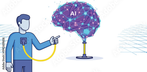 Man connects brain to AI technology via RJ Whisk Auto device illustration
