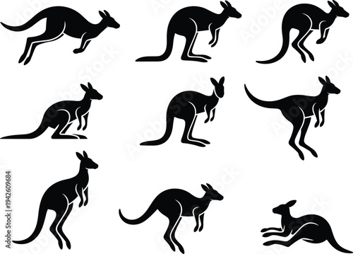 Kangaroo silhouette vector set with multiple jumping poses, Australian marsupial wildlife animal clipart collection isolated for logo, tattoo, nature branding, and designPrint