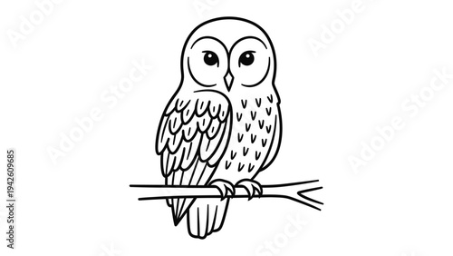 Wise Owl: A detailed black and white illustration of a majestic owl perches on a branch, showcasing the owl's wisdom. 