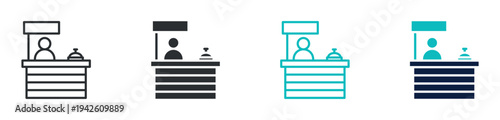 Reception desk icon set, hotel front desk service counter with receptionist and bell symbol, outline and solid and color style. Vector illustration.