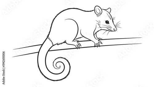 Opossum Line Art: A detailed illustration of an opossum perched on a branch, showcasing the unique features and characteristics of this nocturnal marsupial.