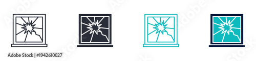 Broken window icon set, shattered glass crack damage symbol, outline and solid and color style. Vector illustration.