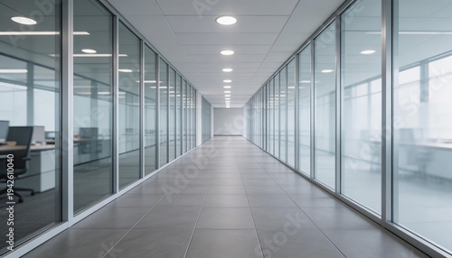 Long modern office hallway with glass partitions, ceiling lights, and tiled flooring. Clean, minimalist workspace design for corporate business environment.