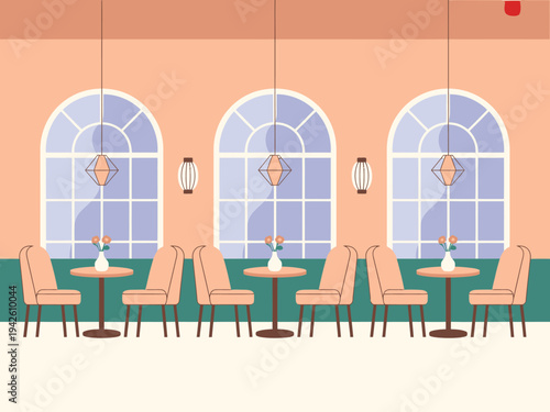 Empty dining room features arched.