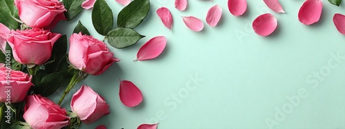 Soft pink roses rest on mint background