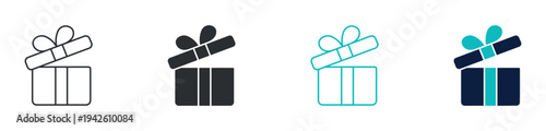 Gift box icon set, present package with ribbon bow celebration surprise symbol, outline and solid and color style. Vector illustration.