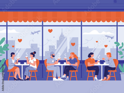 Couples share hot drinks at cafe tables.