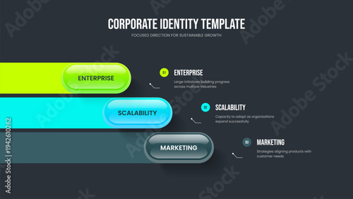 Corporate Innovation Frame Layout Vector Illustration. Digital Profile Three Step Infographic Slide Template. Advertising Forecast 3 Element Diagram Presentation Design.