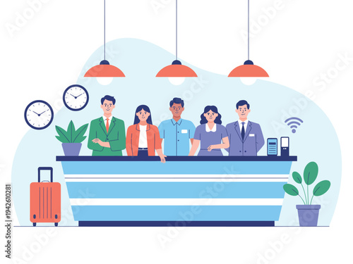 Hotel reception staff greet arriving.