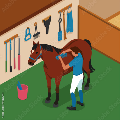 Horse Trainer Grooming Horse

Flat vector illustration of a horse trainer brushing and grooming a horse in a stable. Grooming tools and saddle rack nearby. Flat vector style, animal care theme.