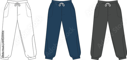 Unisex fashion flat technical drawing of sweatpants with a relaxed fit, elastic waistband, and side pockets for apparel design templates.