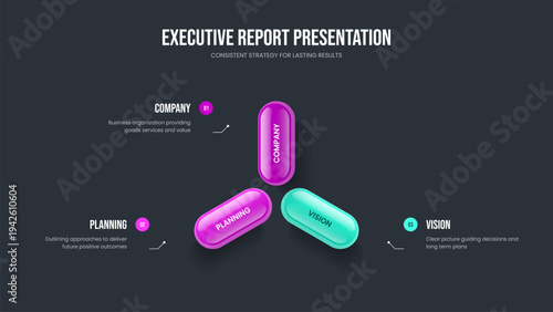 Service Visualization Three Element Infographic Slide Template. Modern Campaign 3 Option Diagram Presentation Design. Enterprise Proposal Frame Layout Vector Illustration.