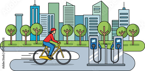 A cyclist rides past electric vehicle charging stations in a cityscape with skyscrapers and trees.