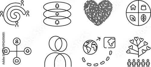 Abstract symbols representing connection, community, environment, identity, and global movement concepts